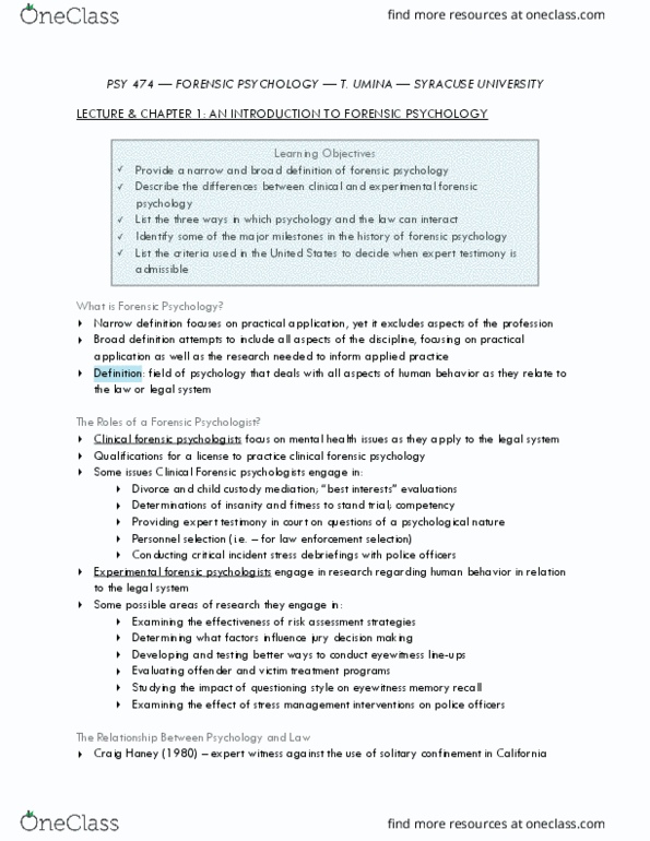 PSY 474 Lecture Notes - Lecture 1: Forensic Psychology, Eyewitness Memory, Solitary Confinement thumbnail