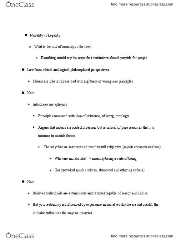 CRM/LAW C10 Lecture Notes - Lecture 6: Immanuel Kant, Philosophical Perspectives, Deontological Ethics thumbnail