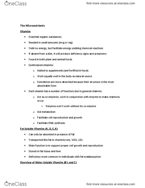 BIO SCI 9A Lecture Notes - Lecture 17: Pantothenic Acid, B Vitamins, Malabsorption thumbnail