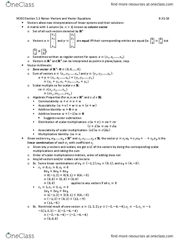 MATH-M 303 Lecture Notes - Lecture 3: Scalar Multiplication, Row And Column Vectors, Zero Element thumbnail