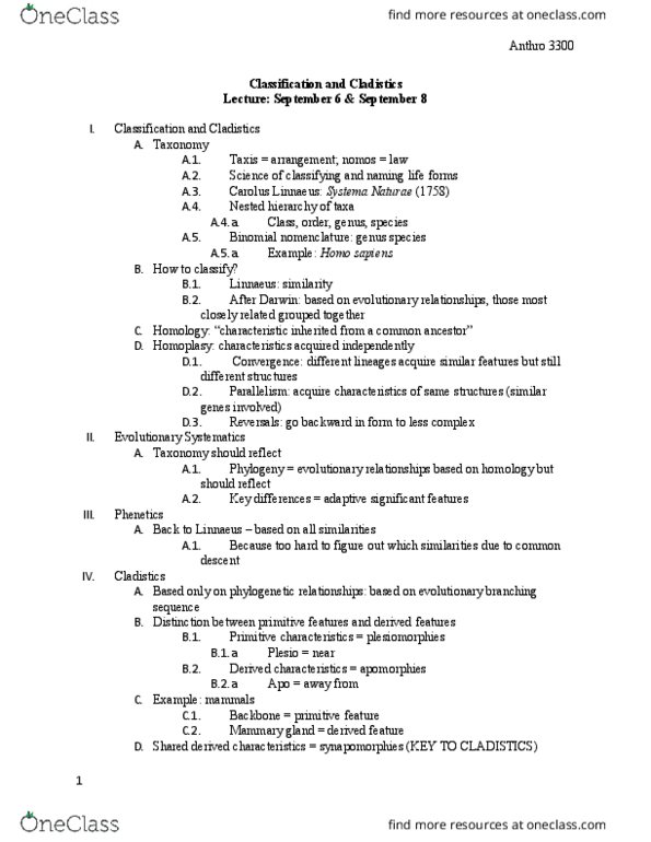 ANTHROP 3300 Lecture Notes - Lecture 4: Binomial Nomenclature, Evolutionary Taxonomy, Phenetics thumbnail