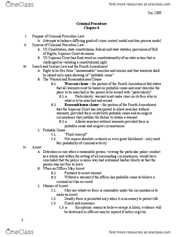 SOCIOL 2309 Chapter Notes - Chapter 6: Exigent Circumstance, Curtilage, Reasonable Suspicion thumbnail