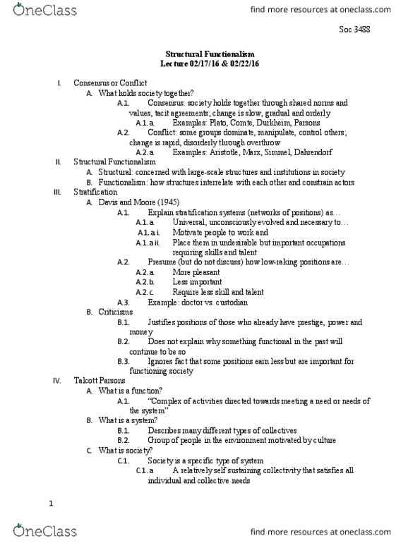 SOCIOL 3488 Lecture Notes - Lecture 12: Talcott Parsons, Cultural System, Ralf Dahrendorf thumbnail