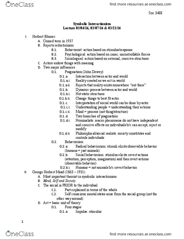 SOCIOL 3488 Lecture Notes - Lecture 11: Symbolic Interactionism, George Herbert Mead, Herbert Blumer thumbnail