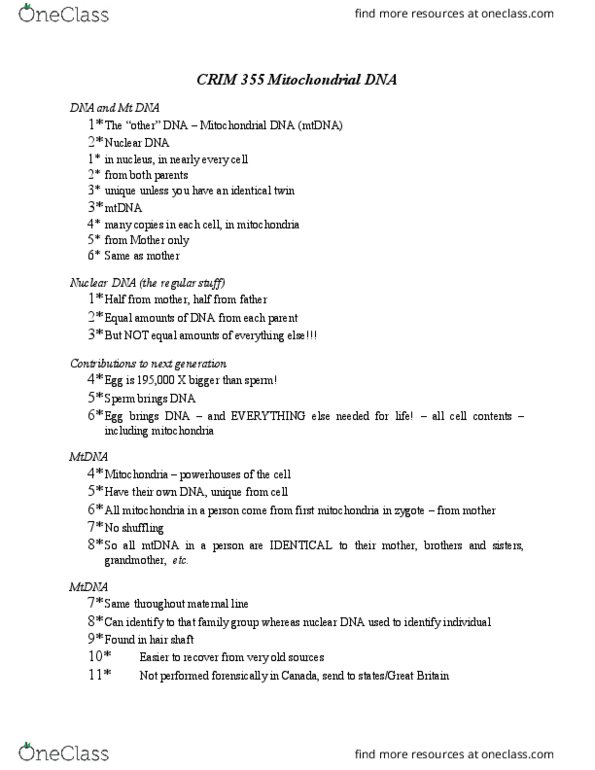 CRIM 355 Lecture Notes - Lecture 8: Graphology, Nuclear Dna, Palmistry thumbnail