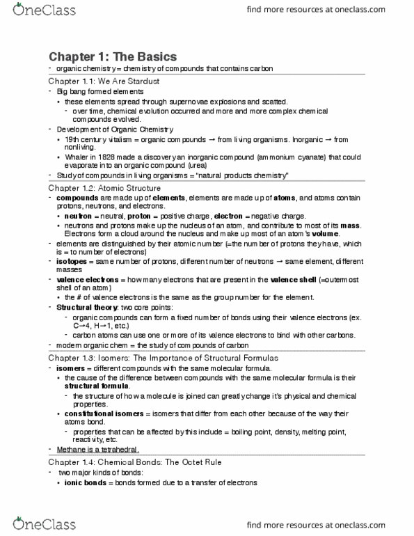 CHEM 211 Chapter Notes - Chapter 1: Valence Electron, Atomic Orbital, Orbital Hybridisation thumbnail