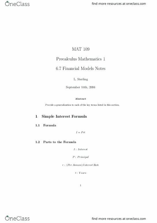 MAT 109 Lecture Notes - Lecture 19: Economic Model, Precalculus, Interest thumbnail