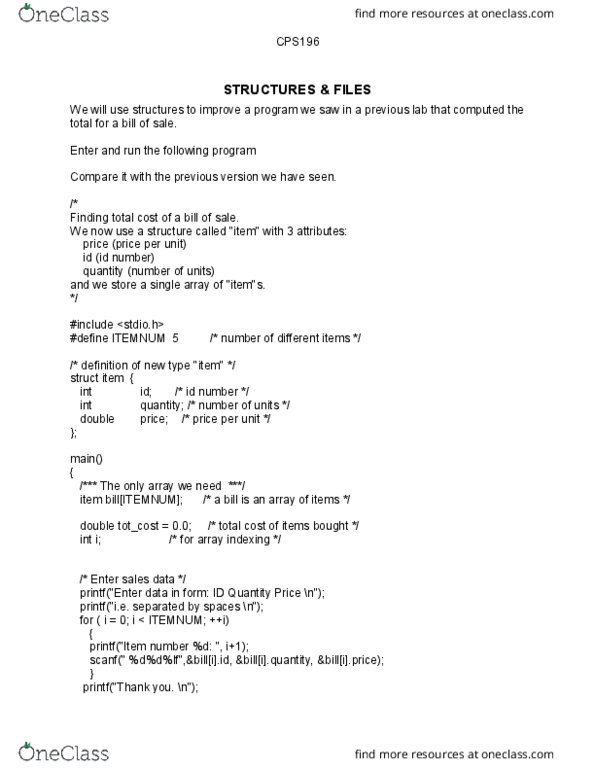 CPS 196 Lecture Notes - Lecture 7: Item Number, Scanf Format String thumbnail