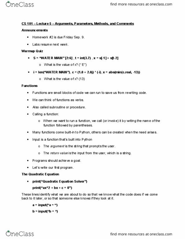 CS 101 Lecture Notes - Lecture 5: Quadratic Equation, Subroutine thumbnail