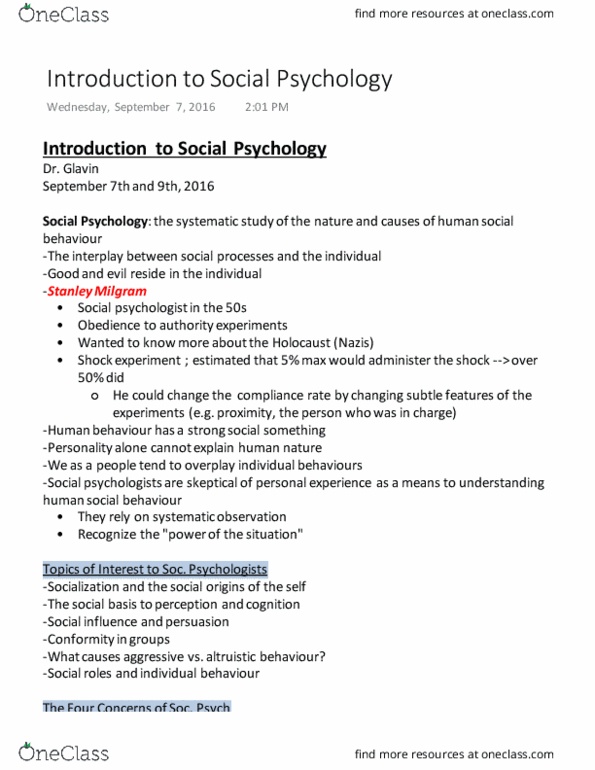 SOCPSY 1Z03 Lecture Notes - Lecture 1: Stanley Milgram, Role Theory, Social Psychology thumbnail