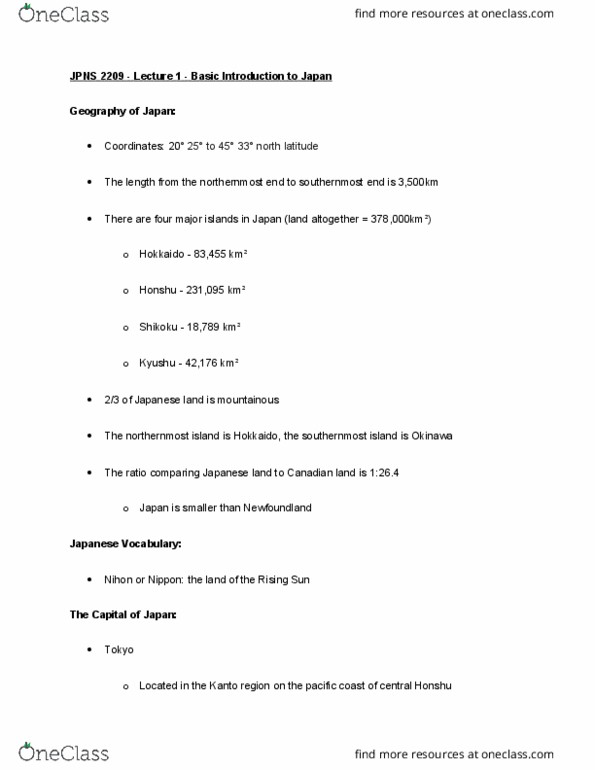 JPNS 2209 Lecture Notes - Lecture 1: Honshu thumbnail