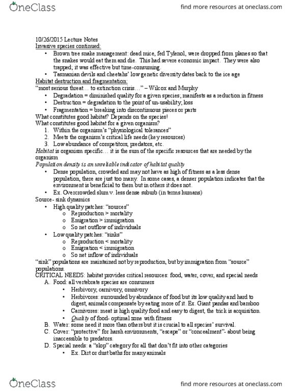 BIO 227 Lecture Notes - Lecture 11: Brown Tree Snake, Habitat Destruction, Omnivore thumbnail