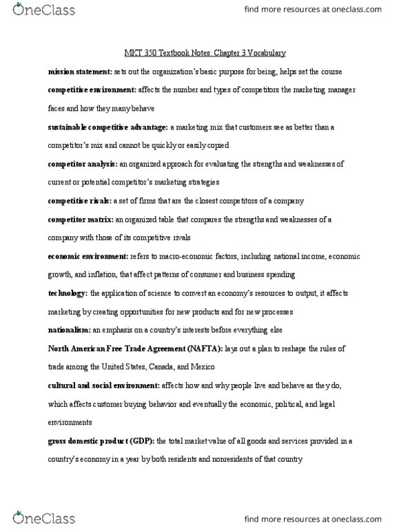 MKT 350 Chapter Notes - Chapter 3: Competitor Analysis, Marketing Mix, Gross National Income thumbnail