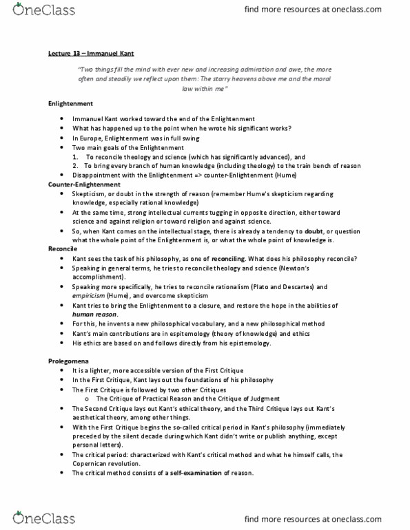 PHIL 1000 Lecture Notes - Lecture 14: Immanuel Kant, Noumenon thumbnail