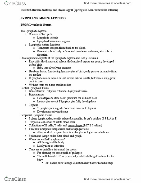 BSCI 202 Lecture Notes - Lecture 2: Lymphatic Vessel, T Helper Cell, Cytotoxic T Cell thumbnail