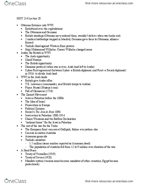 HIST 214 Lecture Notes - Lecture 28: Chaim Weizmann, Faisal I Of Iraq, Pope Damasus I thumbnail