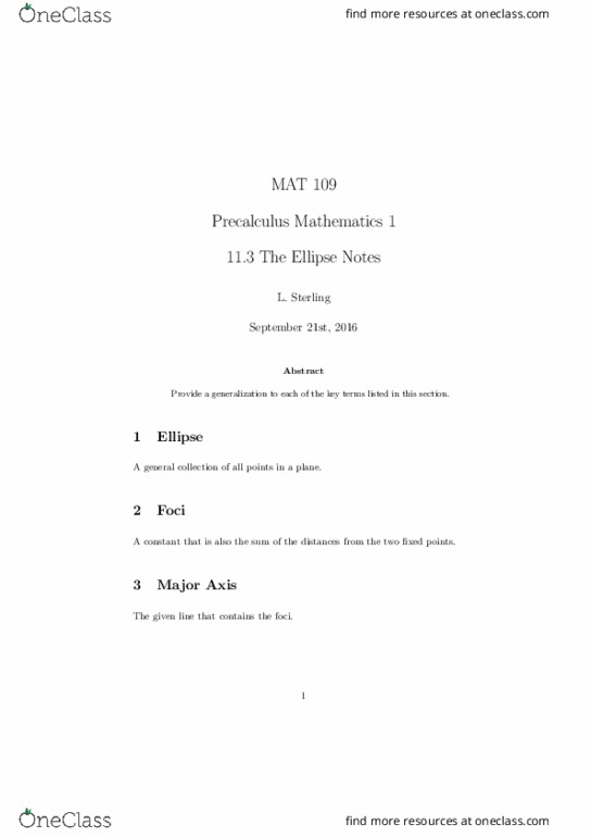 MAT 109 Lecture Notes - Lecture 23: Precalculus thumbnail