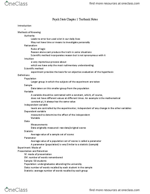 PSY-0031 Chapter Notes - Chapter 1: Estimation Theory, Central Tendency, Naturalistic Observation thumbnail