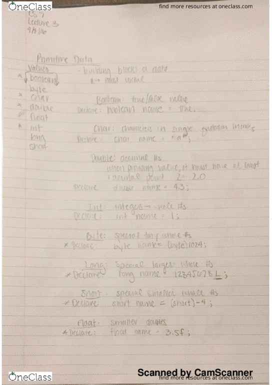 CS 0007 Lecture 3: Primitive Data Types, Declarations, Conditional Logic thumbnail