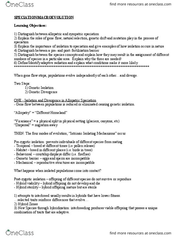 BIOL 150 Lecture Notes - Lecture 19: Sympatric Speciation, Genetic Drift, Reproductive Isolation thumbnail