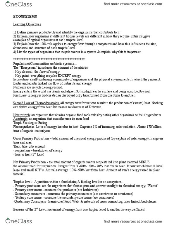 BIOL 150 Lecture Notes - Lecture 11: Trophic Level, Primary Production, Organic Food thumbnail