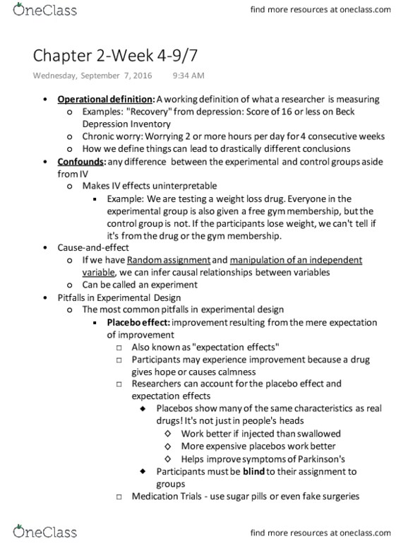 PSYC 1005 Lecture Notes - Lecture 3: Beck Depression Inventory, Nocebo, Nicotine thumbnail