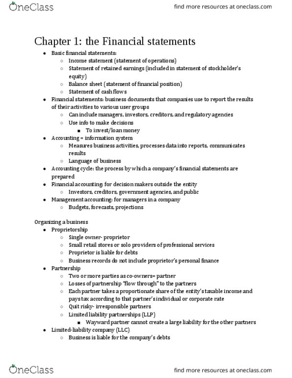 ACC 151 Chapter Notes - Chapter 1: Financial Statement, Personal Finance, Financial Accounting thumbnail