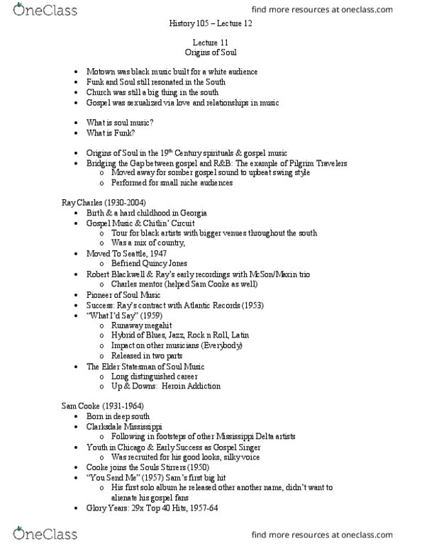 HIST105 Lecture Notes - Lecture 12: Soul Music, Rufus Thomas, Robert Blackwell thumbnail