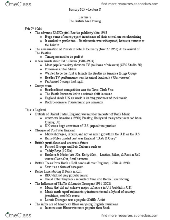 HIST105 Lecture Notes - Lecture 9: Star Maker, Beat Music, Lonnie Donegan thumbnail
