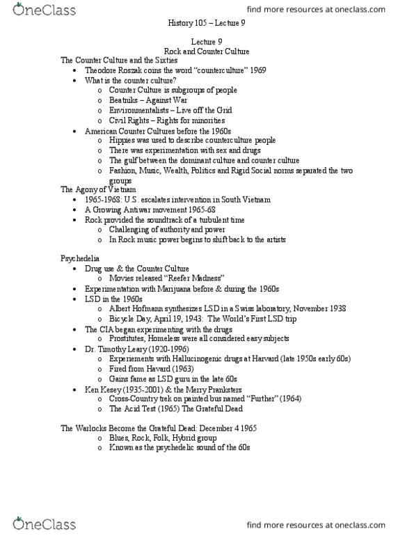 HIST105 Lecture Notes - Lecture 10: Merry Pranksters, Ken Kesey, Psychedelic Music thumbnail