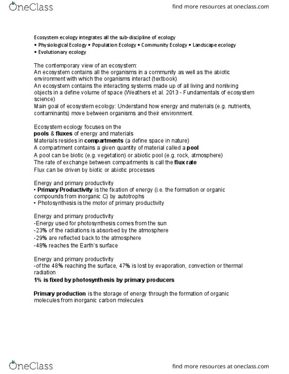 BIOL 1004 Lecture Notes - Lecture 21: Ecosystem Ecology, Landscape Ecology, Primary Production thumbnail