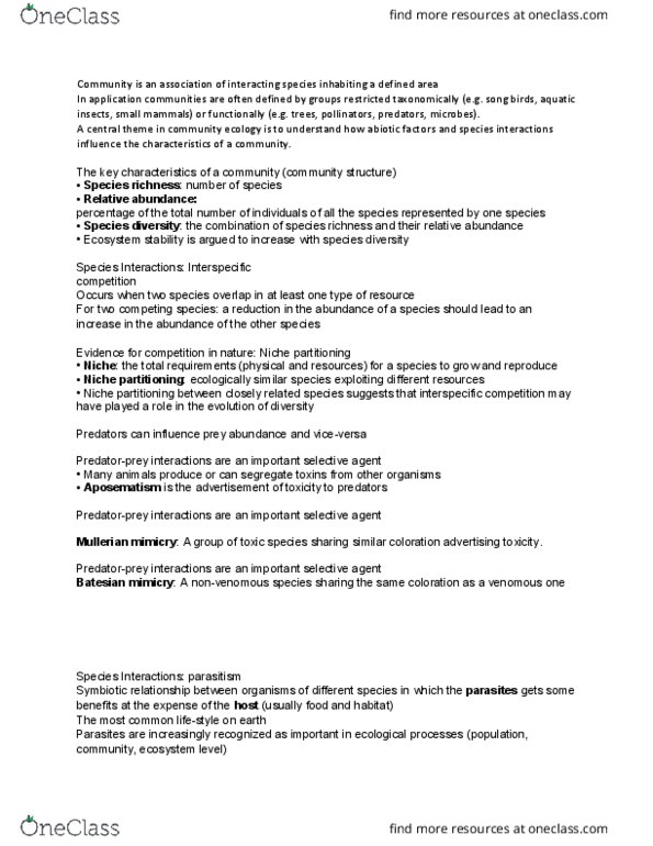 BIOL 1004 Lecture Notes - Lecture 20: Keystone Species, Interspecific Competition, Species Richness thumbnail