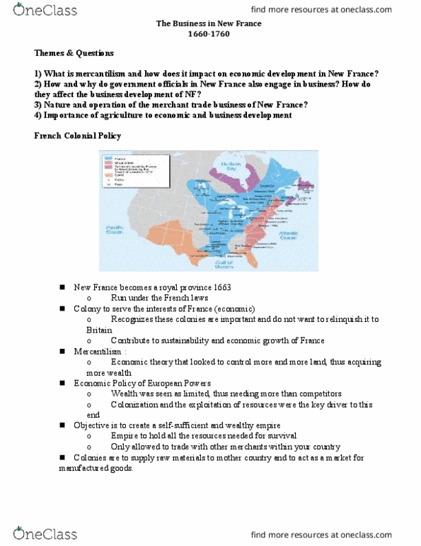 HIST113 Lecture Notes - Lecture 3: Mercantilism, Seigneurial System Of New France thumbnail