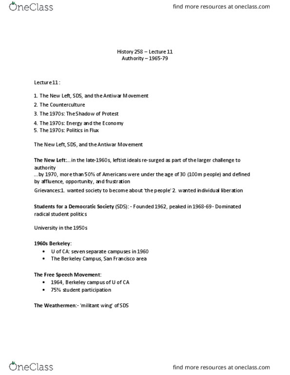 HIST258 Lecture Notes - Lecture 11: Moratorium To End The War In Vietnam, Civil Rights Act Of 1964, Yom Kippur War thumbnail