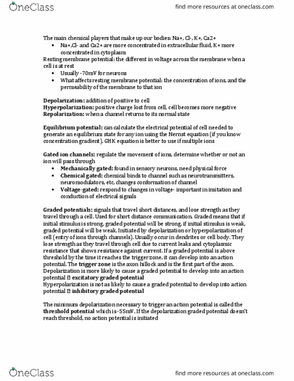 BIOL273 Chapter Notes - Chapter 3: Resting Potential, Nernst Equation, Extracellular Fluid thumbnail