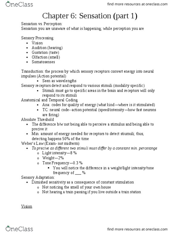 PSY 1101 Chapter Notes - Chapter 6.1: Sensory Neuron, Olfaction, Action Potential thumbnail