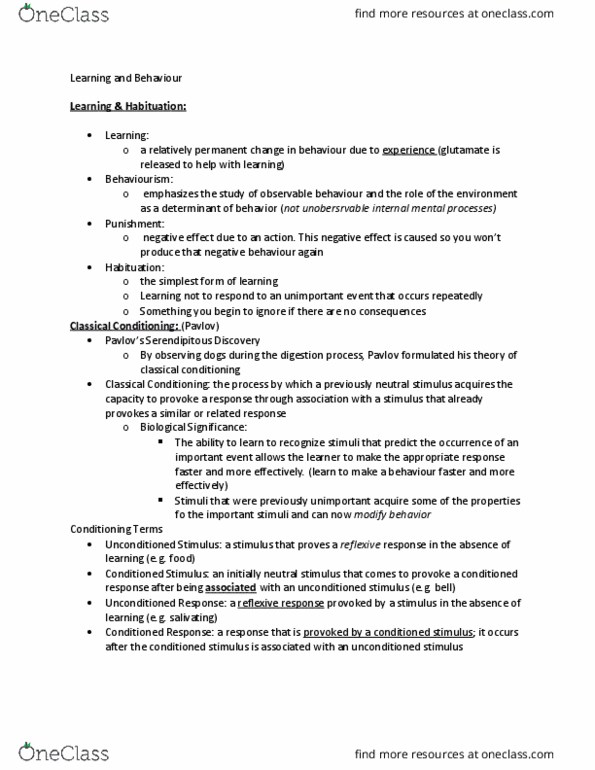 PSY 1101 Lecture Notes - Lecture 12: Classical Conditioning, Observational Learning, Habituation thumbnail