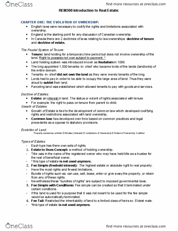 REM 300 Lecture Notes - Lecture 1: Concurrent Estate, Fee Simple, Life Estate thumbnail