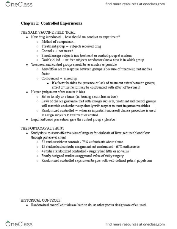 MATH 148 Chapter Notes - Chapter 1: Cirrhosis, Scientific Control, Treatment And Control Groups thumbnail