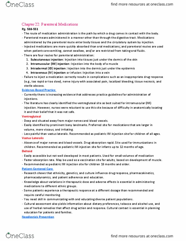 NURSING 3X04 Chapter Notes - Chapter 22: Needlestick Injury, Hook Gauge, Diluent thumbnail