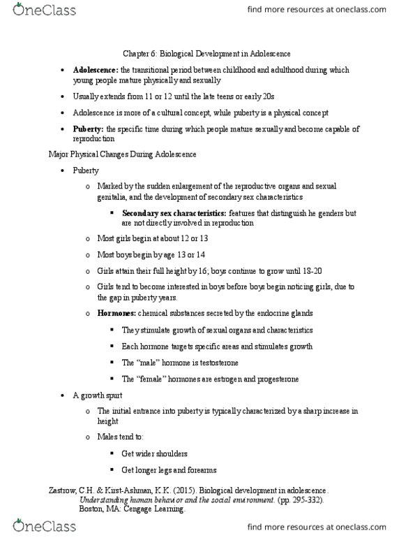 SW 310 Chapter Notes - Chapter 6: Secondary Sex Characteristic, Comprehensive Sex Education, Cengage Learning thumbnail