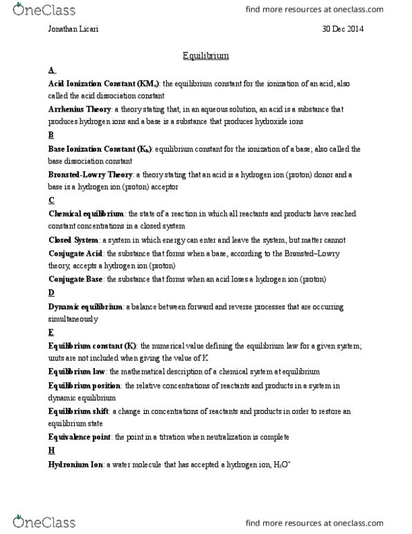 CHY 102 Lecture Notes - Lecture 14: Acid Dissociation Constant, Dynamic Equilibrium, Equilibrium Constant thumbnail