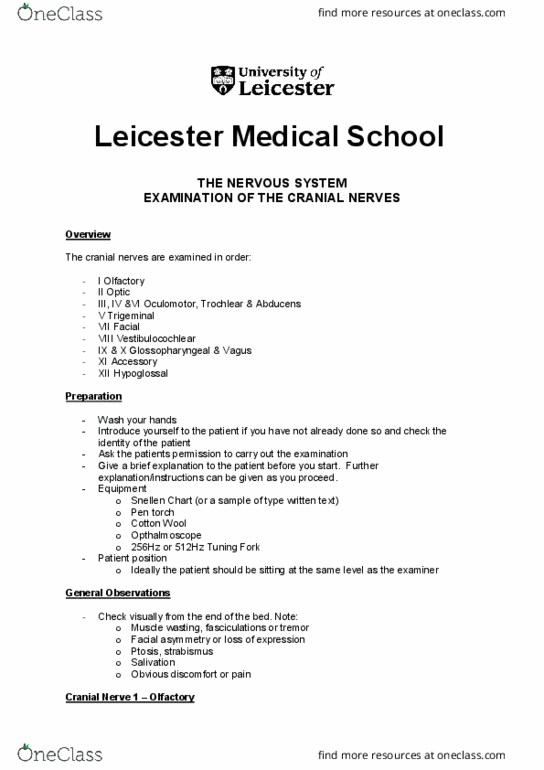 MEDICINE 205C Lecture Notes - Lecture 1: Cranial Nerves, Leicester Medical School, Oculomotor Nerve thumbnail