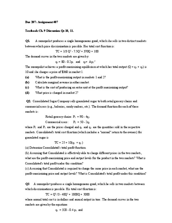 BUS 207 Lecture Notes - Economic Equilibrium, Marginal Revenue, Price Discrimination thumbnail