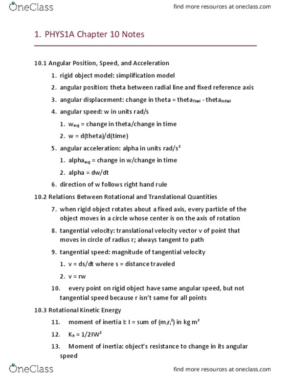 PHYS 1A Chapter Notes - Chapter 10: Cross Product, Speed, Angular Acceleration thumbnail