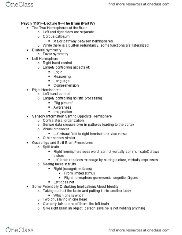 PSYCH 1101 Lecture Notes - Lecture 8: Confabulation, Symmetry In Biology, Corpus Callosum thumbnail