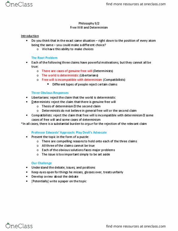 PHI 107 Lecture Notes - Lecture 1: Determinism thumbnail