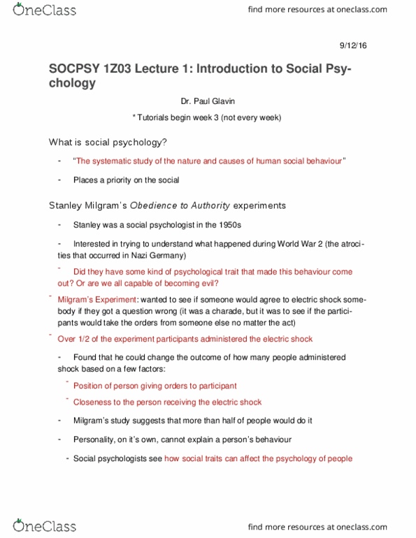 SOCPSY 1Z03 Lecture Notes - Lecture 1: Scientific Method, Social Influence, Psy thumbnail