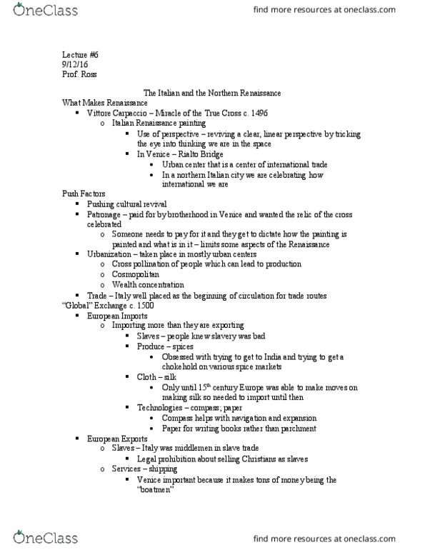 HIST1001 Lecture Notes - Lecture 6: Federico Da Montefeltro, Latin School, Infant Mortality thumbnail