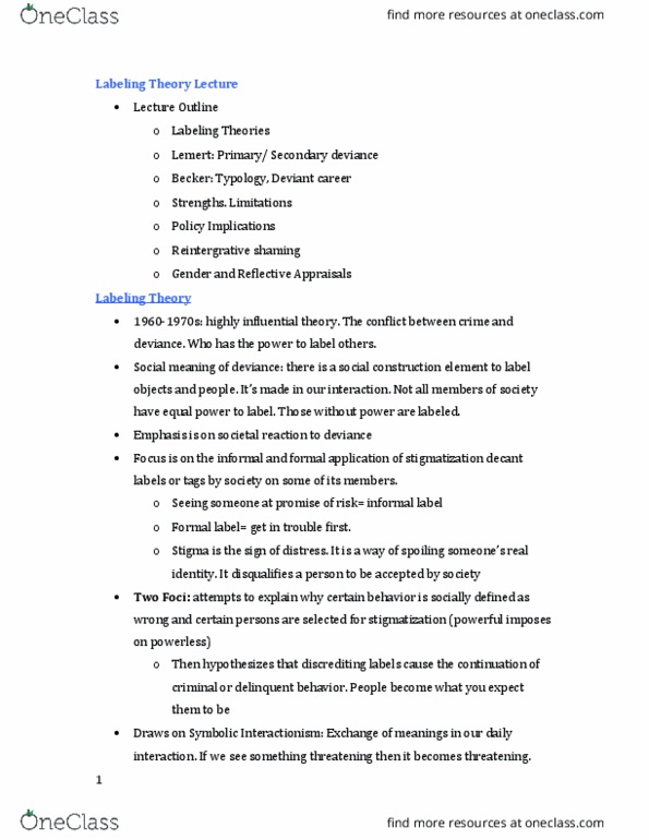 SOCI 304 Lecture Notes - Lecture 11: Informal Social Control, Labeling Theory, Symbolic Interactionism thumbnail